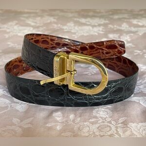 Cardin Black Croc-Embossed Leather Belt with Gold Buckle